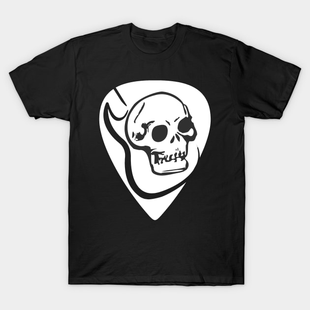 White guitar pick with a dark skull and textured guitar silhouette. Rock/Roll lovers. T-Shirt by Rebeldía Pura